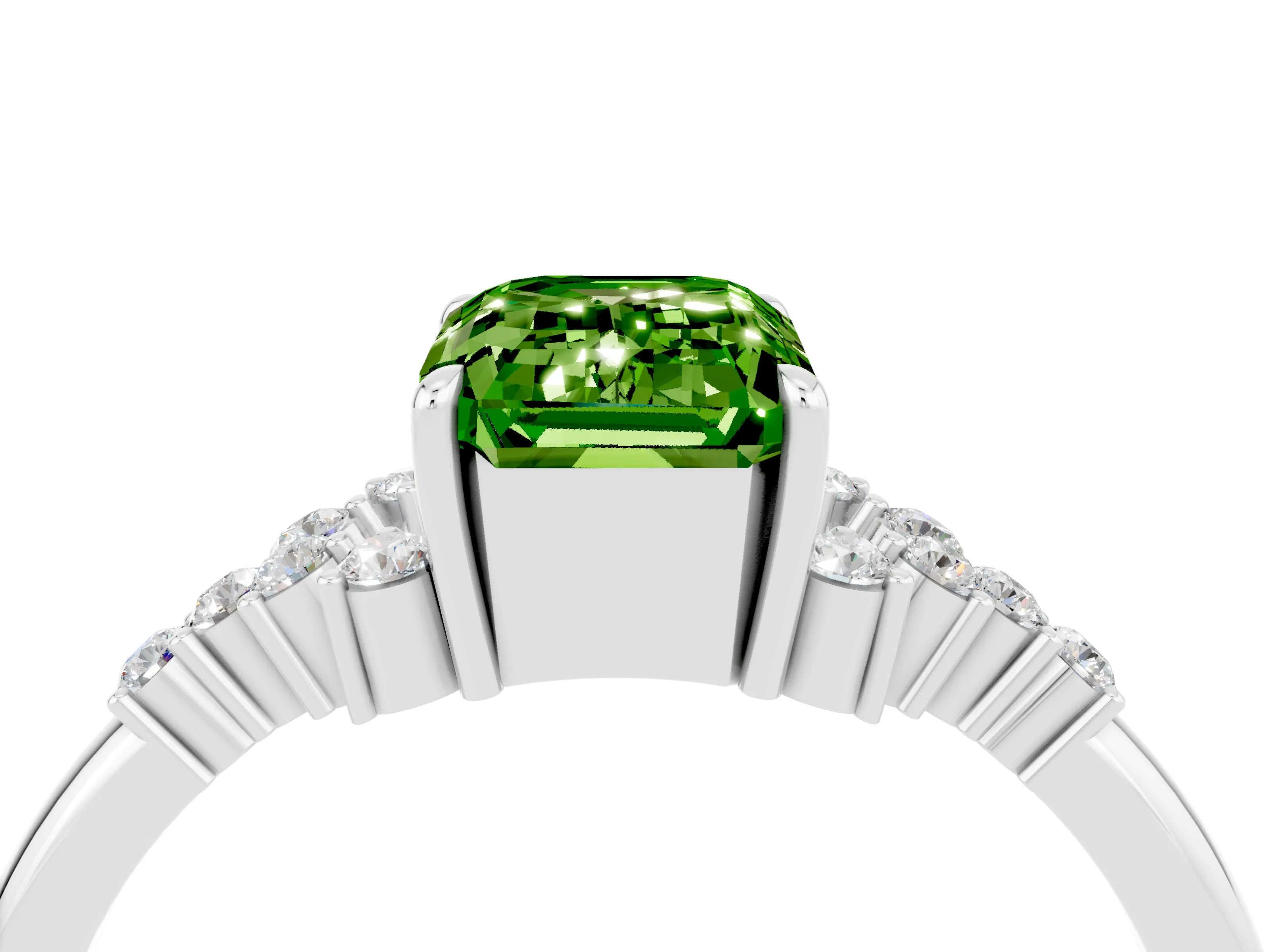 White gold Emerald Cut Peridot Ring with Side Stones and Four-Prong Setting_40