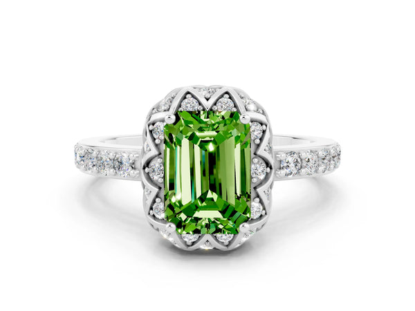 White gold Emerald Cut Peridot Scalloped Halo Engagement Ring with Round Shared Prong Band