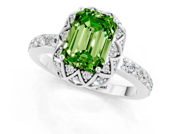 Platinum Emerald Cut Peridot Scalloped Halo Engagement Ring with Round Shared Prong Band