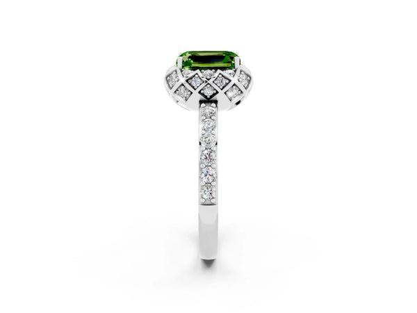 Platinum Emerald Cut Peridot Scalloped Halo Engagement Ring with Round Shared Prong Band