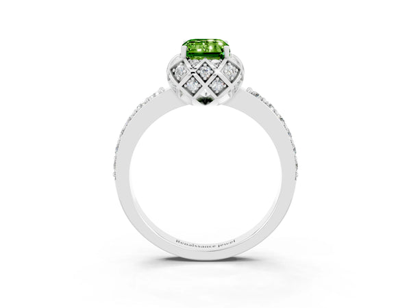 Silver Emerald Cut Peridot Scalloped Halo Engagement Ring with Round Shared Prong Band