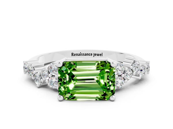 Platinum Emerald Cut Peridot Scattered Round Accent Ring with Prong Setting
