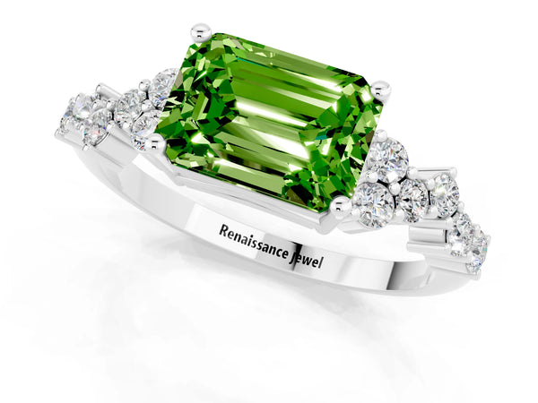 Platinum Emerald Cut Peridot Scattered Round Accent Ring with Prong Setting