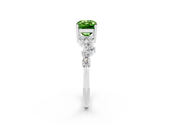 Silver Emerald Cut Peridot Scattered Round Accent Ring with Prong Setting