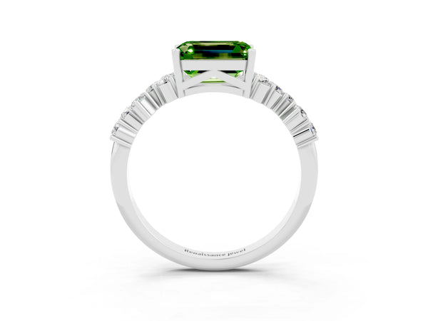 Platinum Emerald Cut Peridot Scattered Round Accent Ring with Prong Setting