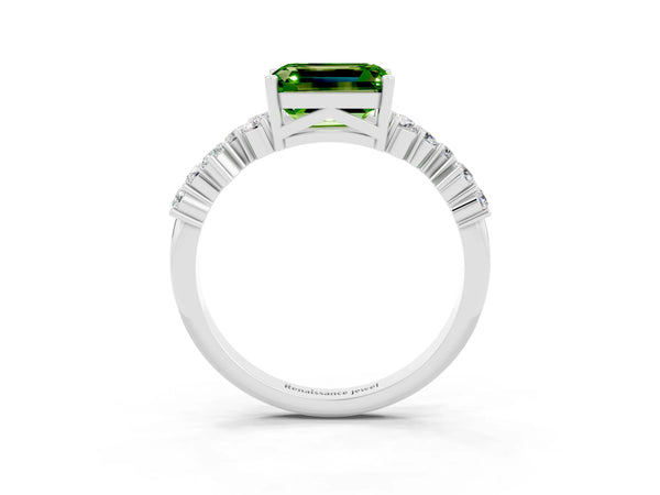 White gold Emerald Cut Peridot Scattered Round Accent Ring with Prong Setting