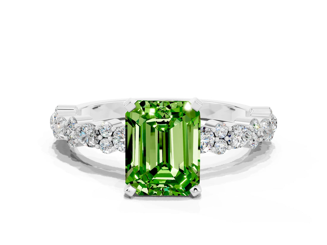 White gold Emerald Cut Peridot Side Stone Solitaire Ring with Round  and Four-Prong Setting_60