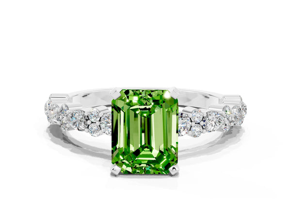 White gold Emerald Cut Peridot Side Stone Solitaire Ring with Round  and Four-Prong Setting