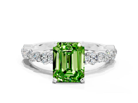 White gold Emerald Cut Peridot Side Stone Solitaire Ring with Round  and Four-Prong Setting_60