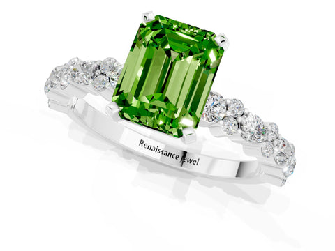 White gold Emerald Cut Peridot Side Stone Solitaire Ring with Round  and Four-Prong Setting_61