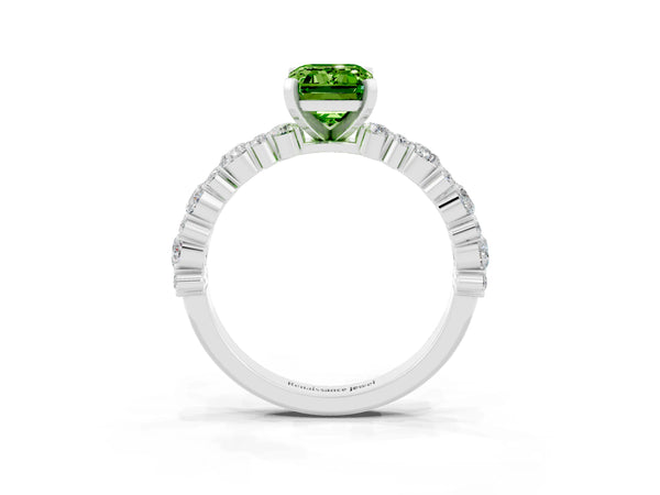 Silver Emerald Cut Peridot Side Stone Solitaire Ring with Round  and Four-Prong Setting