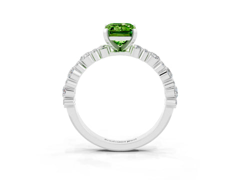 White gold Emerald Cut Peridot Side Stone Solitaire Ring with Round  and Four-Prong Setting_63