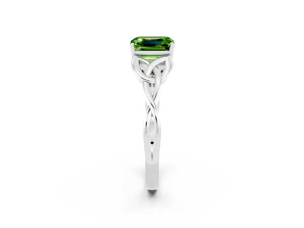 White gold Emerald Cut Peridot Solitaire Celtic Knot Ring with Four-Prong Setting