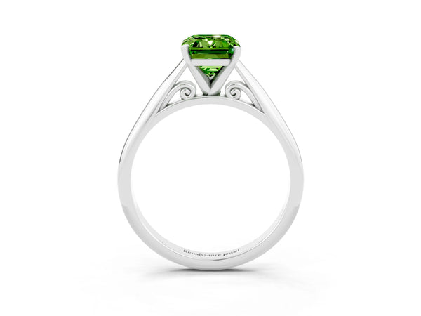 White gold Emerald Cut Peridot Solitaire Engagement Ring with Cathedral Setting and Four-Prong Mount