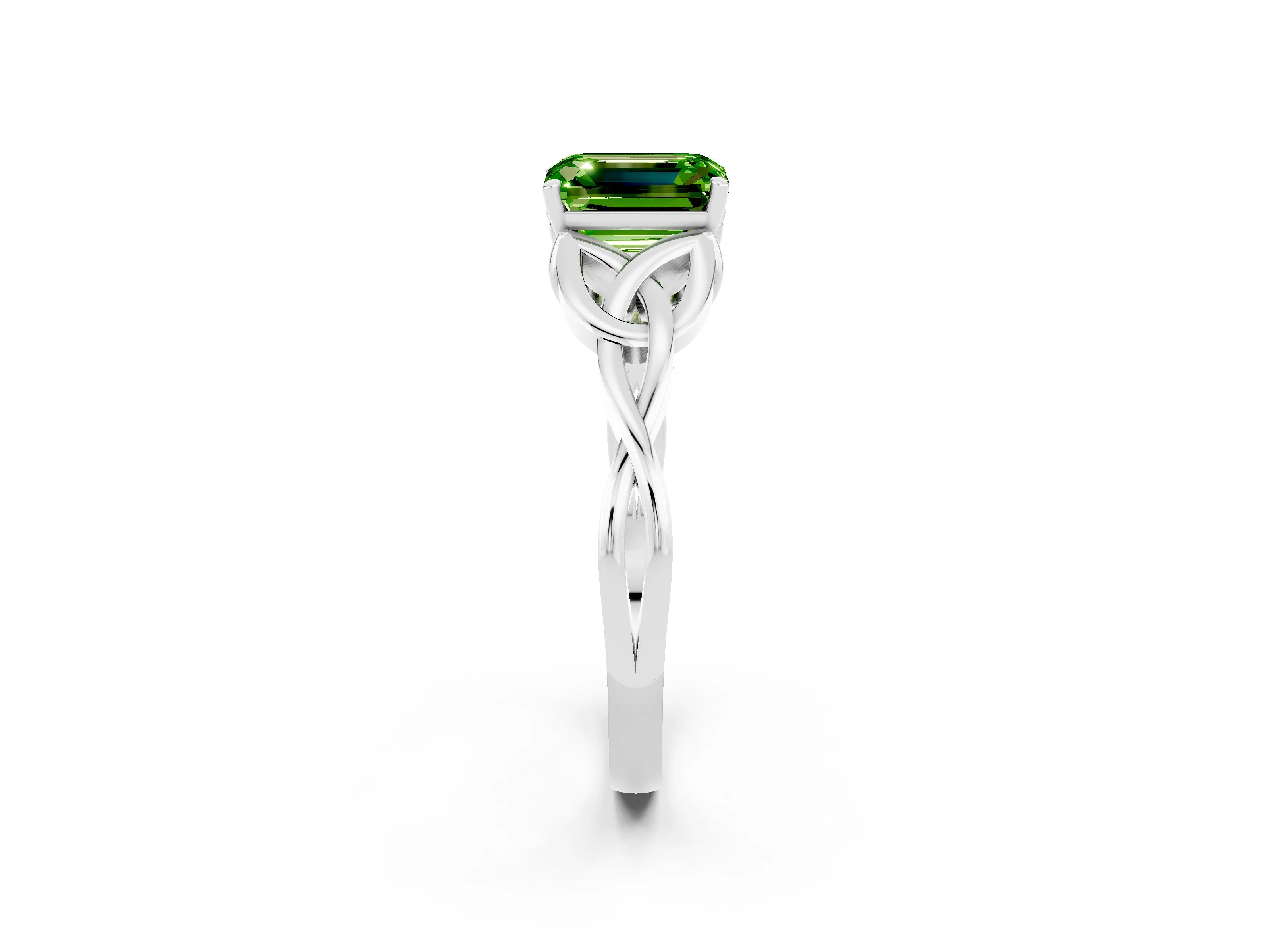 White gold Emerald Cut Peridot Solitaire Engagement Ring with Celtic Knot Band and Four-Prong Setting_2