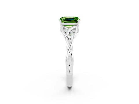 White gold Emerald Cut Peridot Solitaire Engagement Ring with Celtic Knot Band and Four-Prong Setting_2