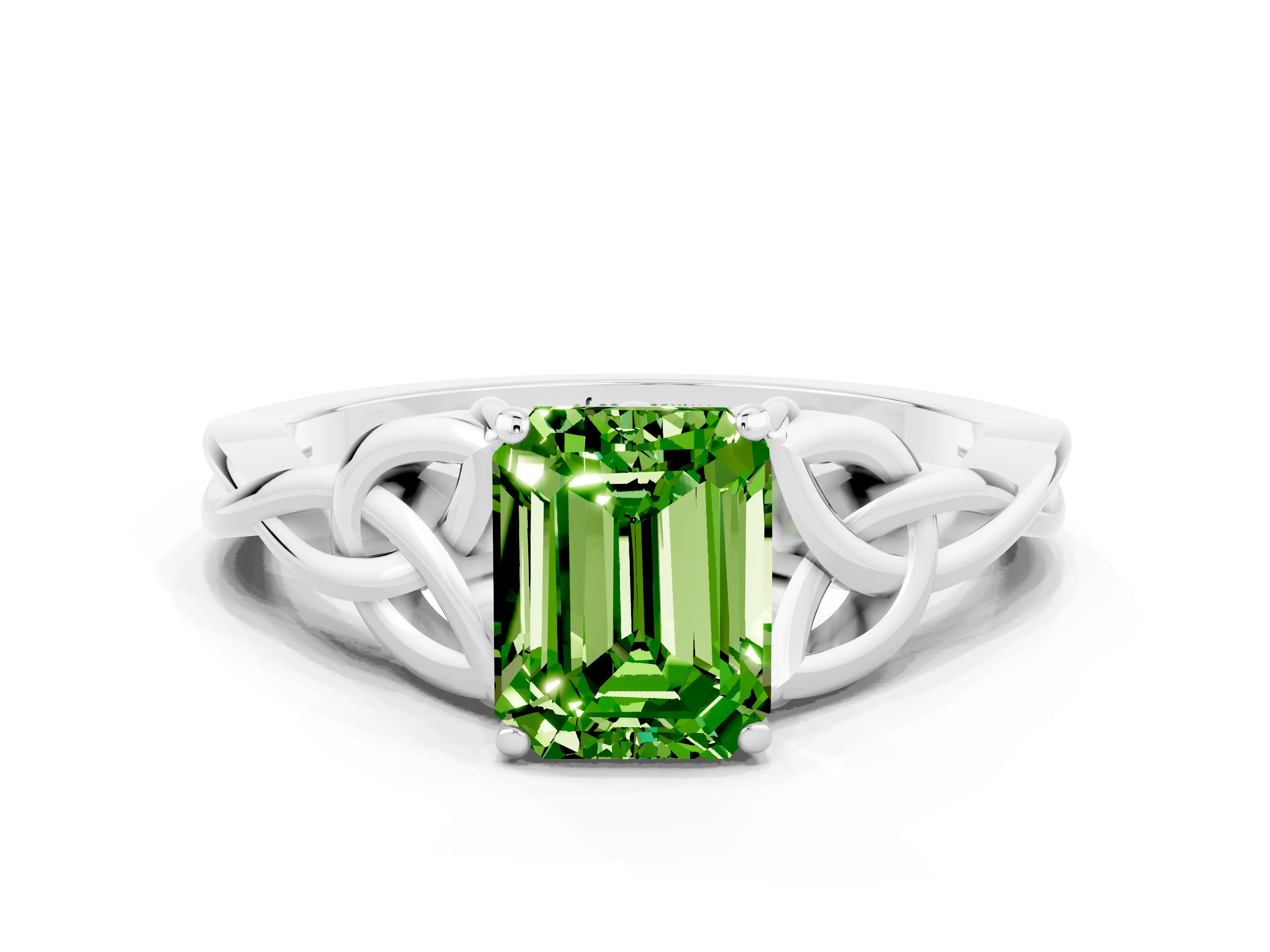 White gold Emerald Cut Peridot Solitaire Engagement Ring with Celtic Knot Band and Four-Prong Setting