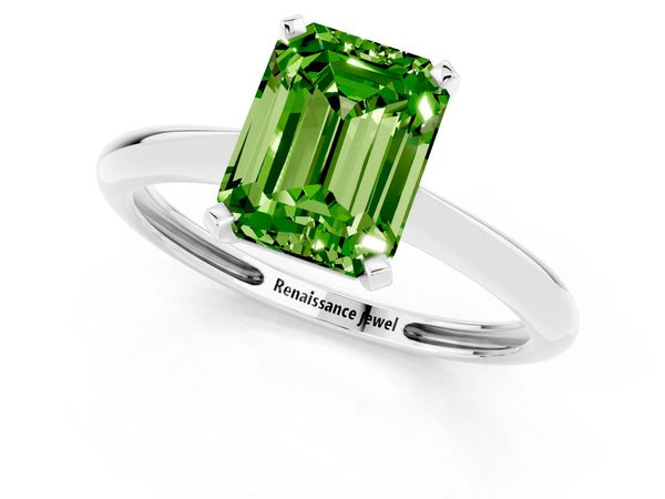 White gold Emerald Cut Peridot Solitaire Engagement Ring with Classic Band and Four-Prong Setting