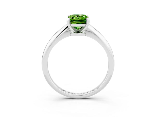 White gold Emerald Cut Peridot Solitaire Engagement Ring with Classic Band and Four-Prong Setting