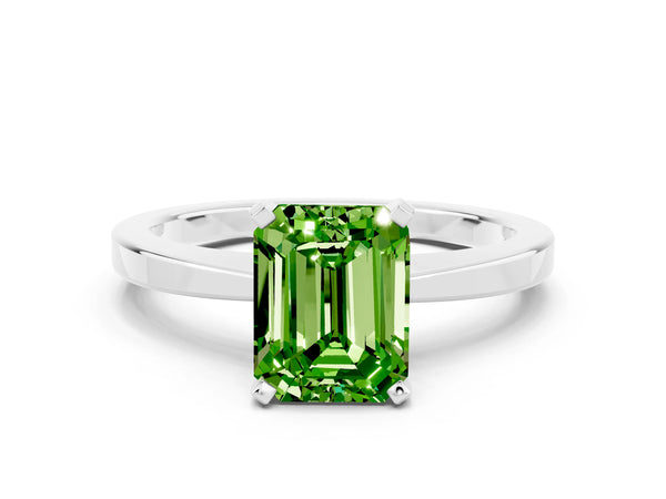 Silver Emerald Cut Peridot Solitaire Engagement Ring with Classic Band and Four-Prong Setting