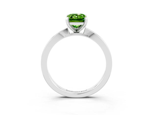 Silver Emerald Cut Peridot Solitaire Engagement Ring with Classic Band and Four-Prong Setting