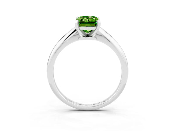White gold Emerald Cut Peridot Solitaire Engagement Ring with Classic Band and Four-Prong Setting