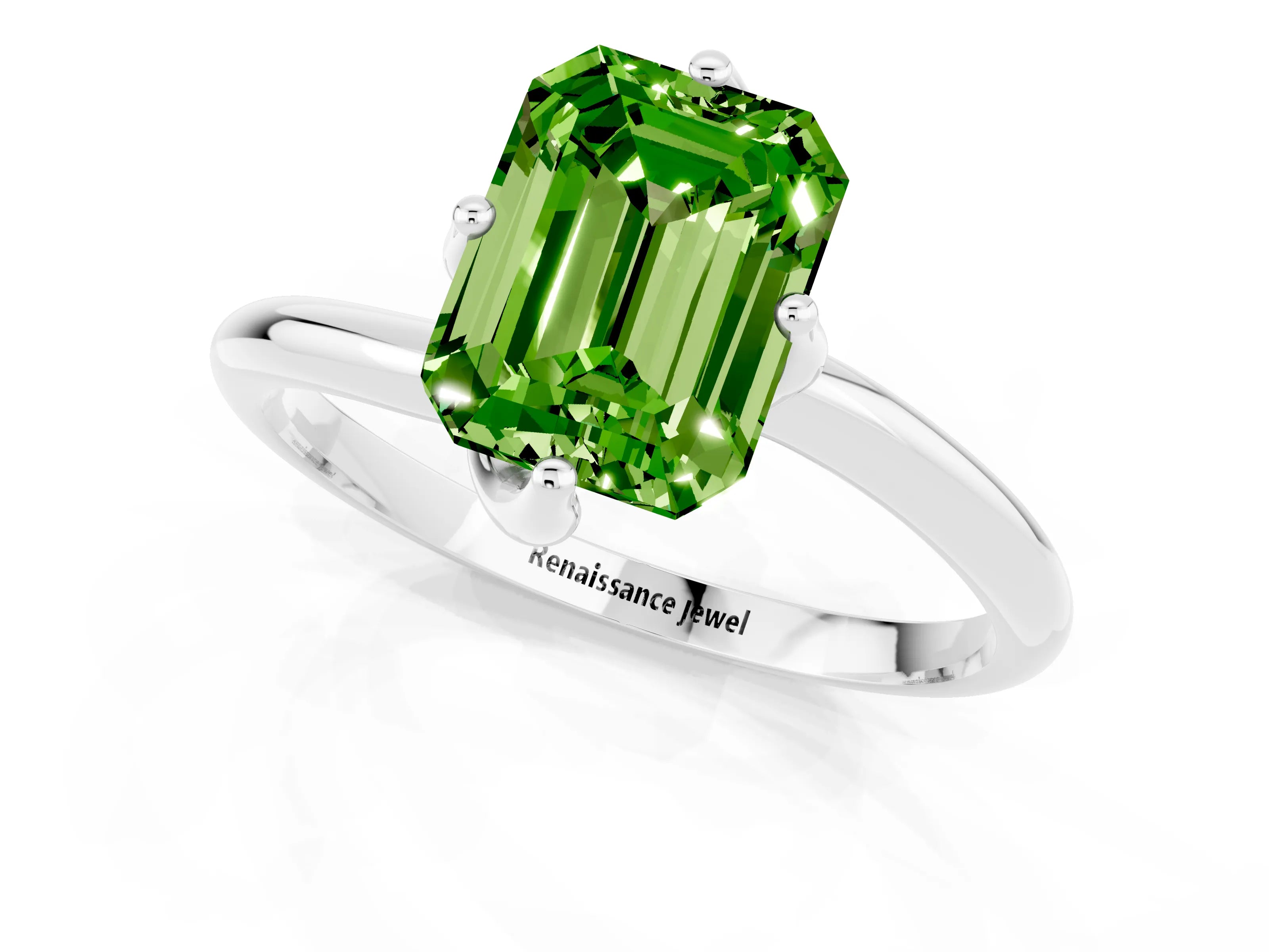 White gold Emerald Cut Peridot Solitaire Engagement Ring with Four-Prong Setting and Classic Band_13