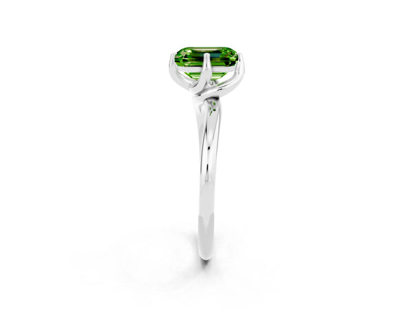 White gold Emerald Cut Peridot Solitaire Engagement Ring with Four-Prong Setting and Classic Band