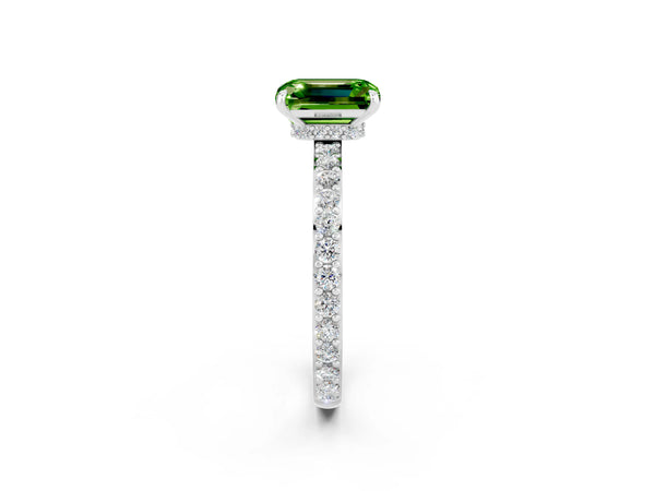 White gold Emerald Cut Peridot Solitaire Engagement Ring with Pavé Band and Four-Prong Setting