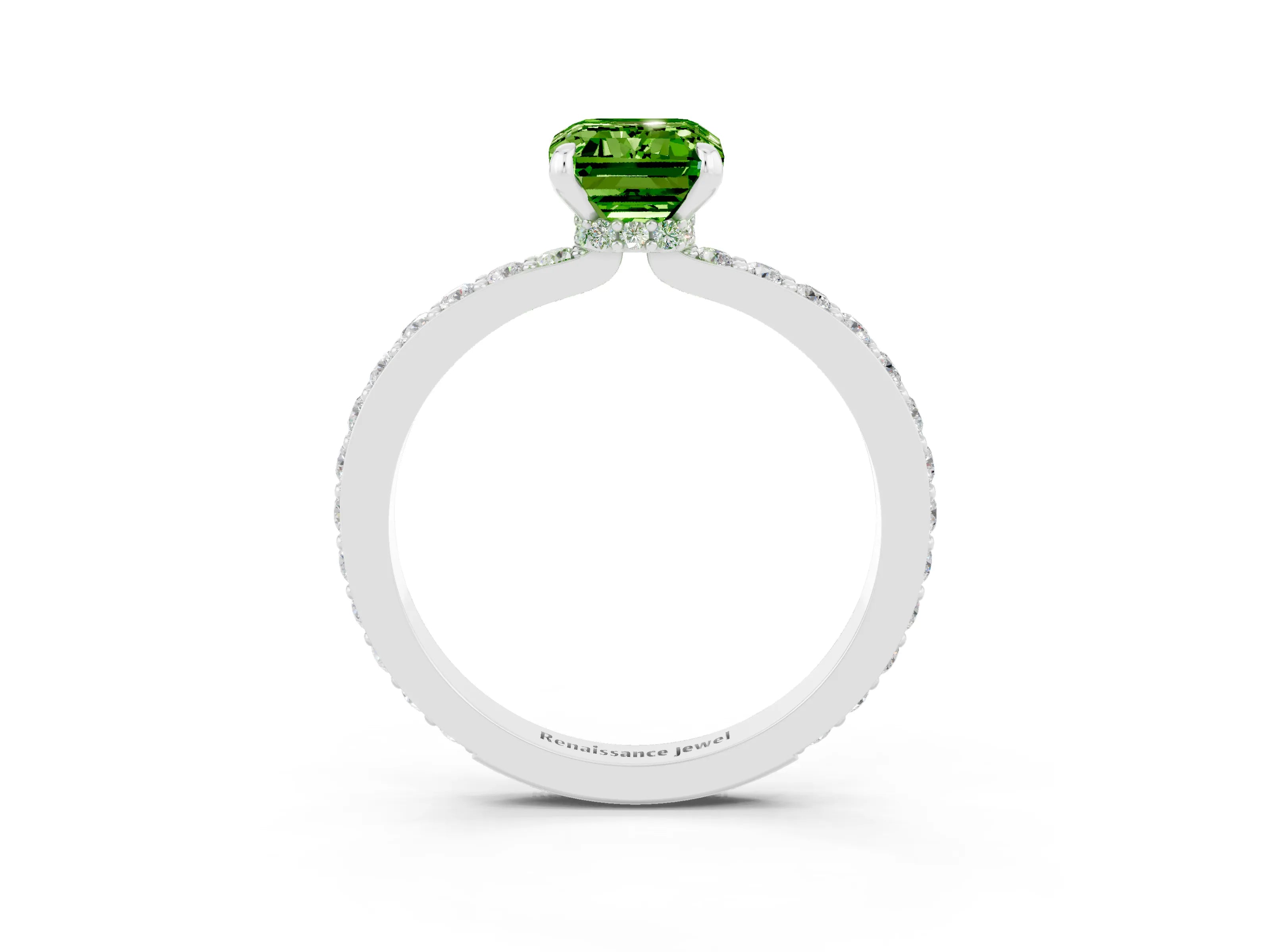 White gold Emerald Cut Peridot Solitaire Engagement Ring with Pavé Band and Four-Prong Setting_3