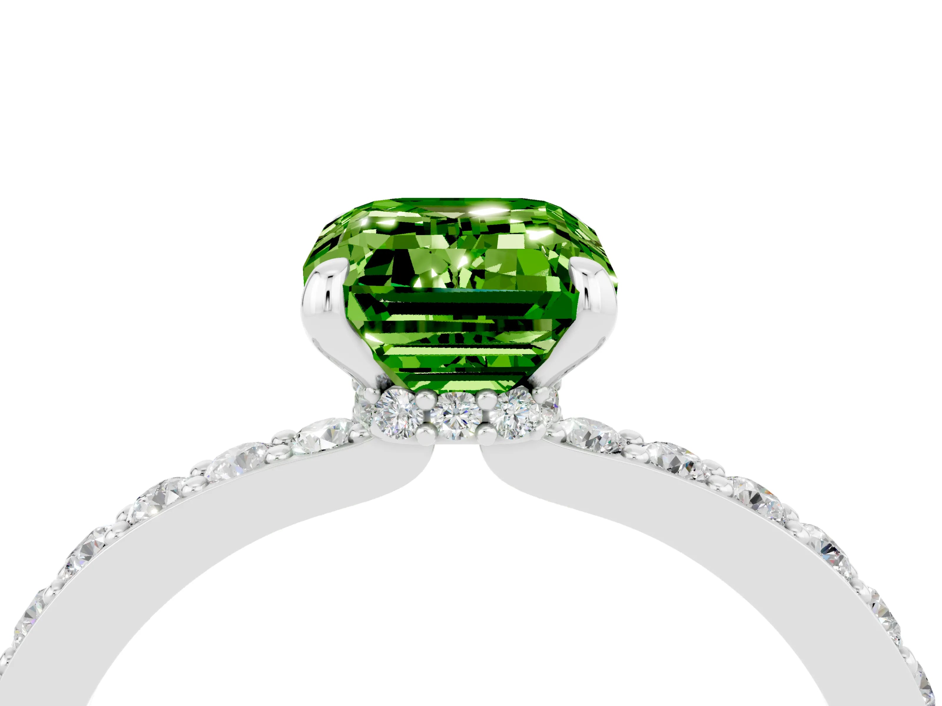 White gold Emerald Cut Peridot Solitaire Engagement Ring with Pavé Band and Four-Prong Setting_4