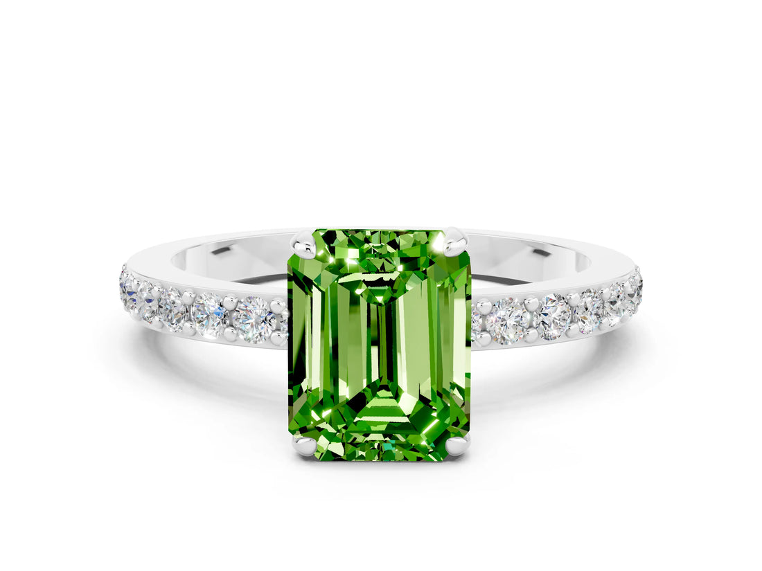 White gold Emerald Cut Peridot Solitaire Engagement Ring with Pavé Band and Four-Prong Setting