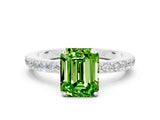 White gold Emerald Cut Peridot Solitaire Engagement Ring with Pavé Band and Four-Prong Setting