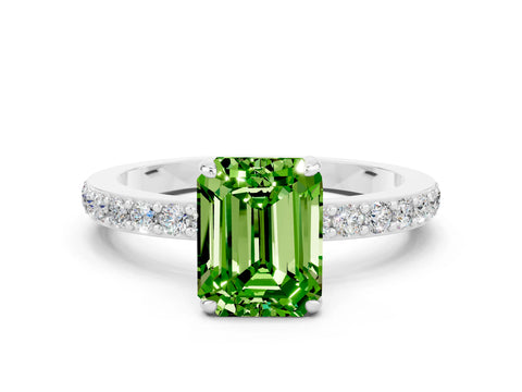 White gold Emerald Cut Peridot Solitaire Engagement Ring with Pavé Band and Four-Prong Setting