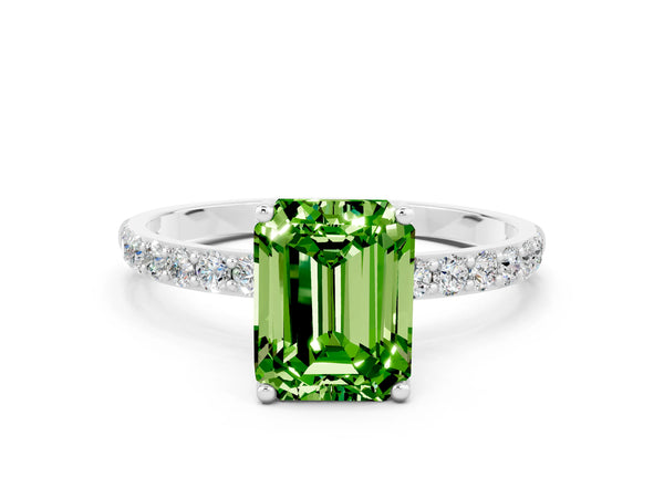 Platinum Emerald Cut Peridot Solitaire Engagement Ring with Round  Pavé Band and Prong Setting