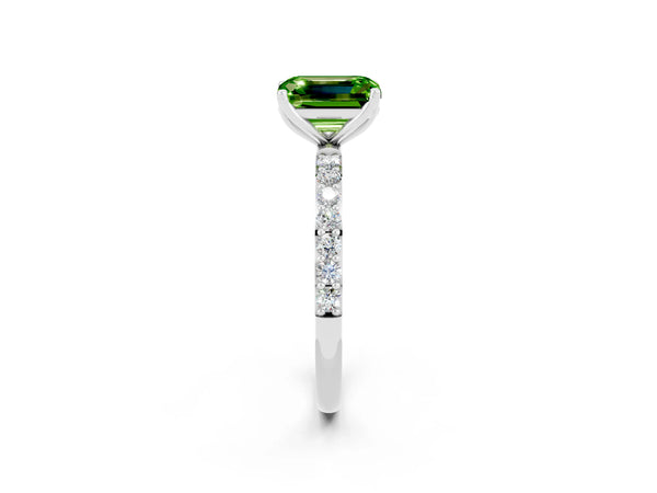 White gold Emerald Cut Peridot Solitaire Engagement Ring with Round  Pavé Band and Prong Setting