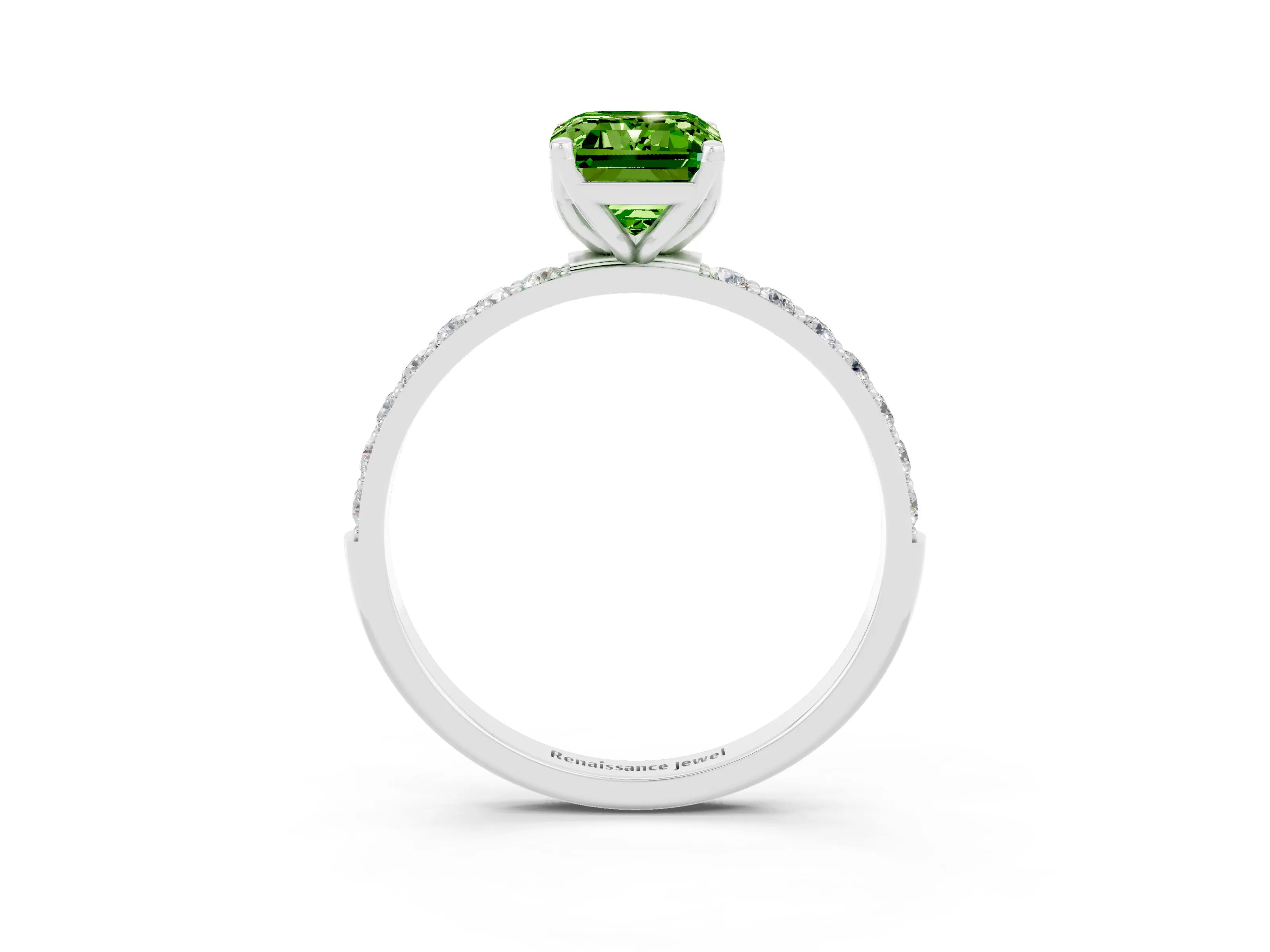 White gold Emerald Cut Peridot Solitaire Engagement Ring with Pavé Band and Prong Setting_3