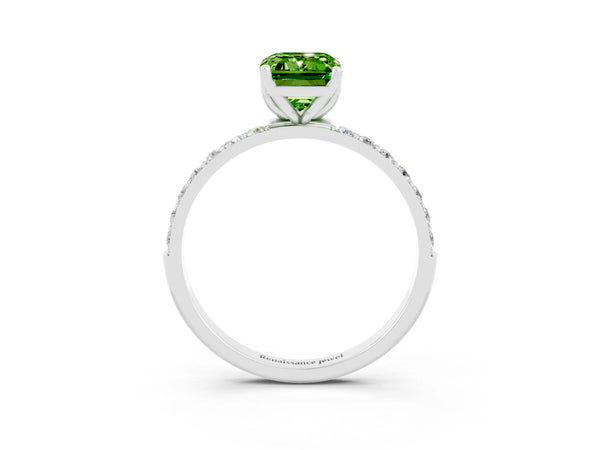 Silver Emerald Cut Peridot Solitaire Engagement Ring with Round  Pavé Band and Prong Setting
