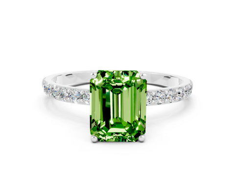 White gold Emerald Cut Peridot Solitaire Engagement Ring with Pavé Band and Prong Setting