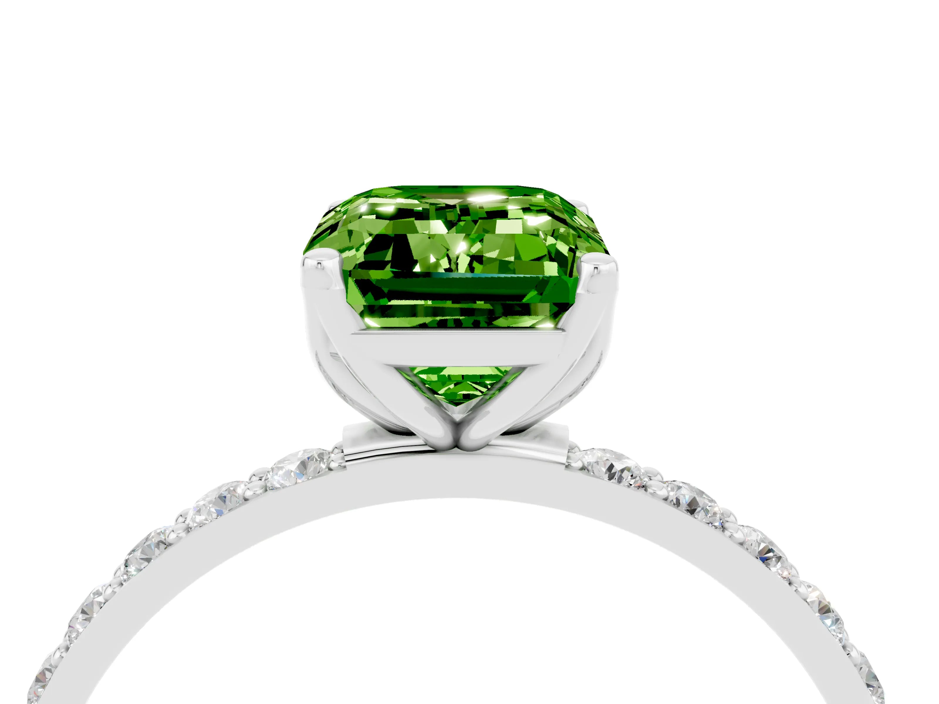 White gold Emerald Cut Peridot Solitaire Engagement Ring with Pavé Band and Prong Setting_4