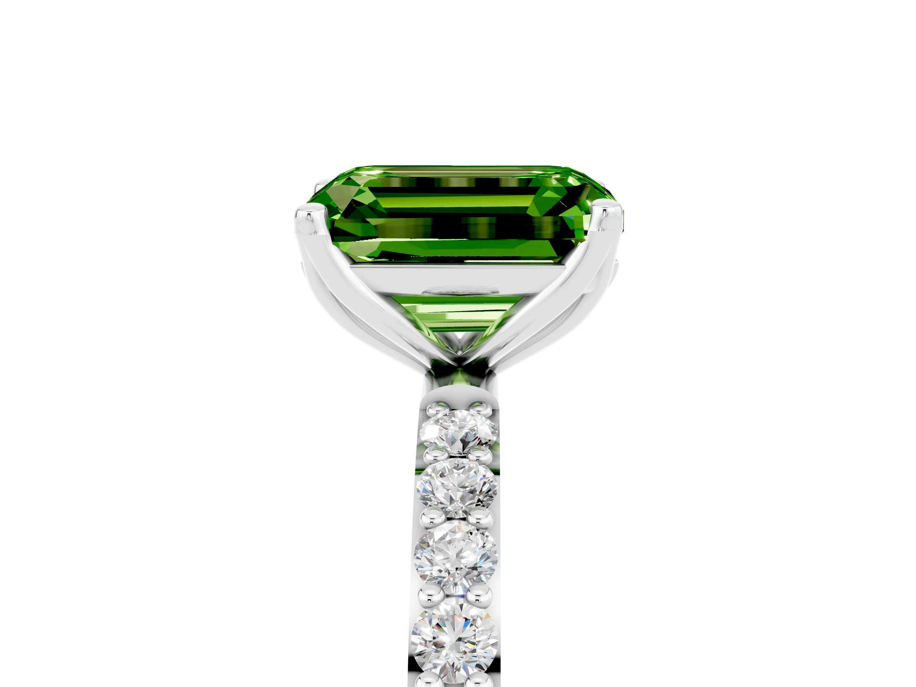 White gold Emerald Cut Peridot Solitaire Engagement Ring with Pavé Band and Prong Setting_5