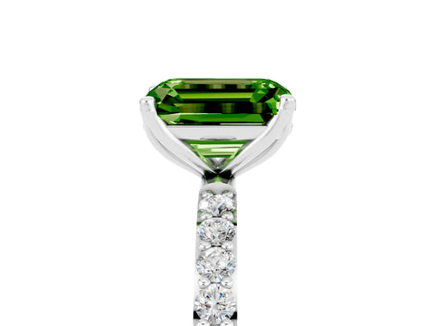White gold Emerald Cut Peridot Solitaire Engagement Ring with Pavé Band and Prong Setting_5