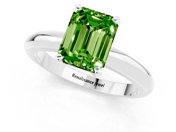 Silver Emerald Cut Peridot Solitaire Engagement Ring with Round Band and Four-Prong Setting