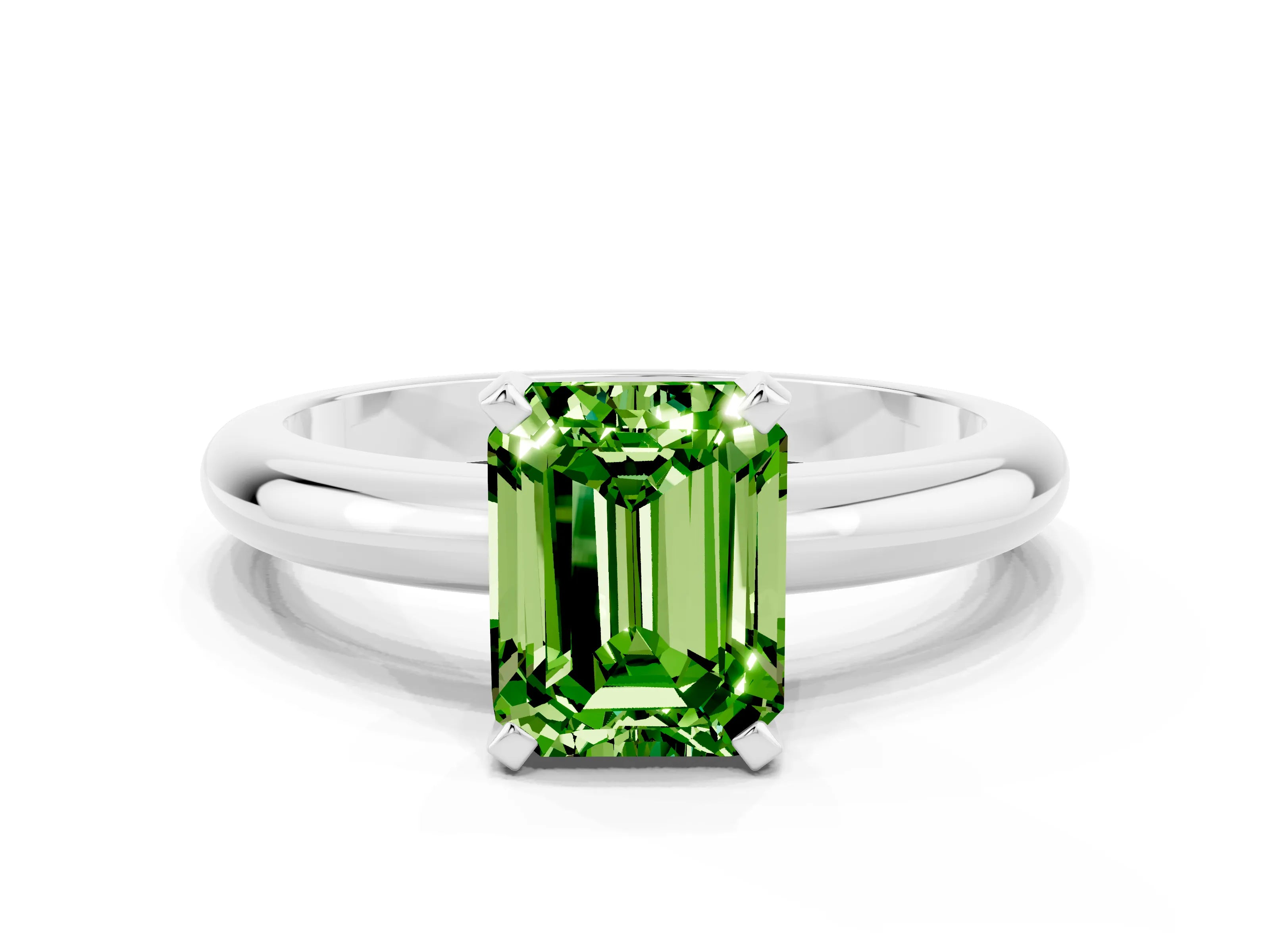 White gold Emerald Cut Peridot Solitaire Engagement Ring with Round Band and Four-Prong Setting
