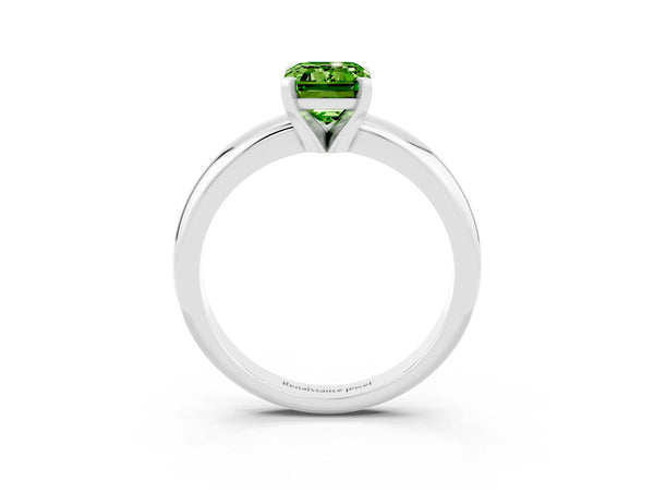 Silver Emerald Cut Peridot Solitaire Engagement Ring with Round Band and Four-Prong Setting