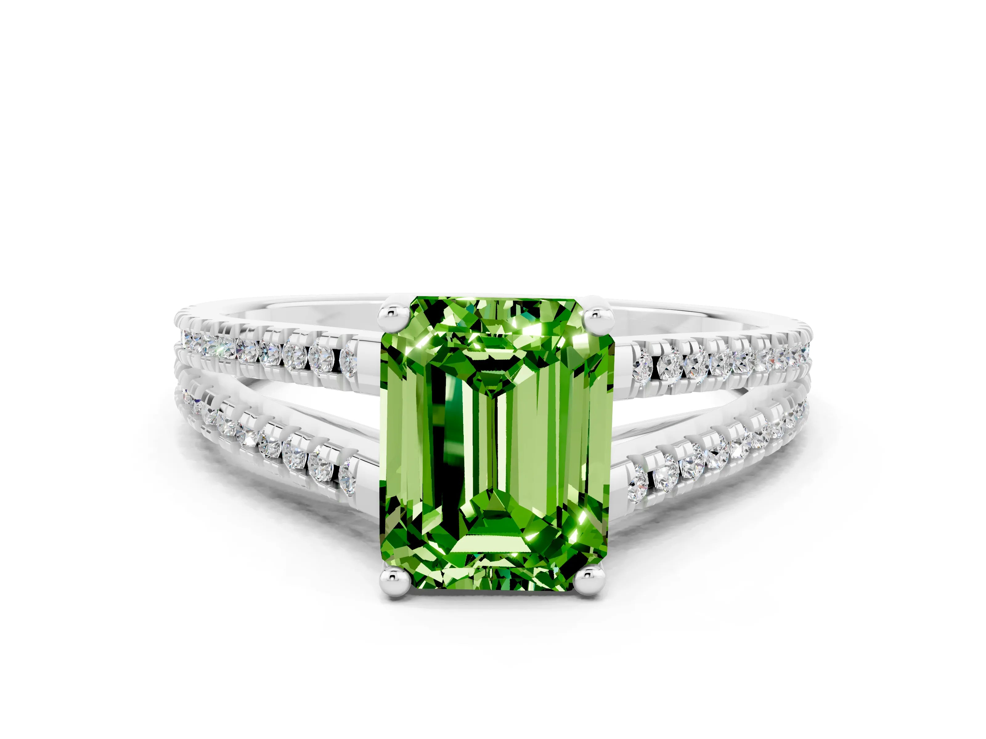 White gold Emerald Cut Peridot Solitaire Engagement Ring with Split Shank Pavé Band