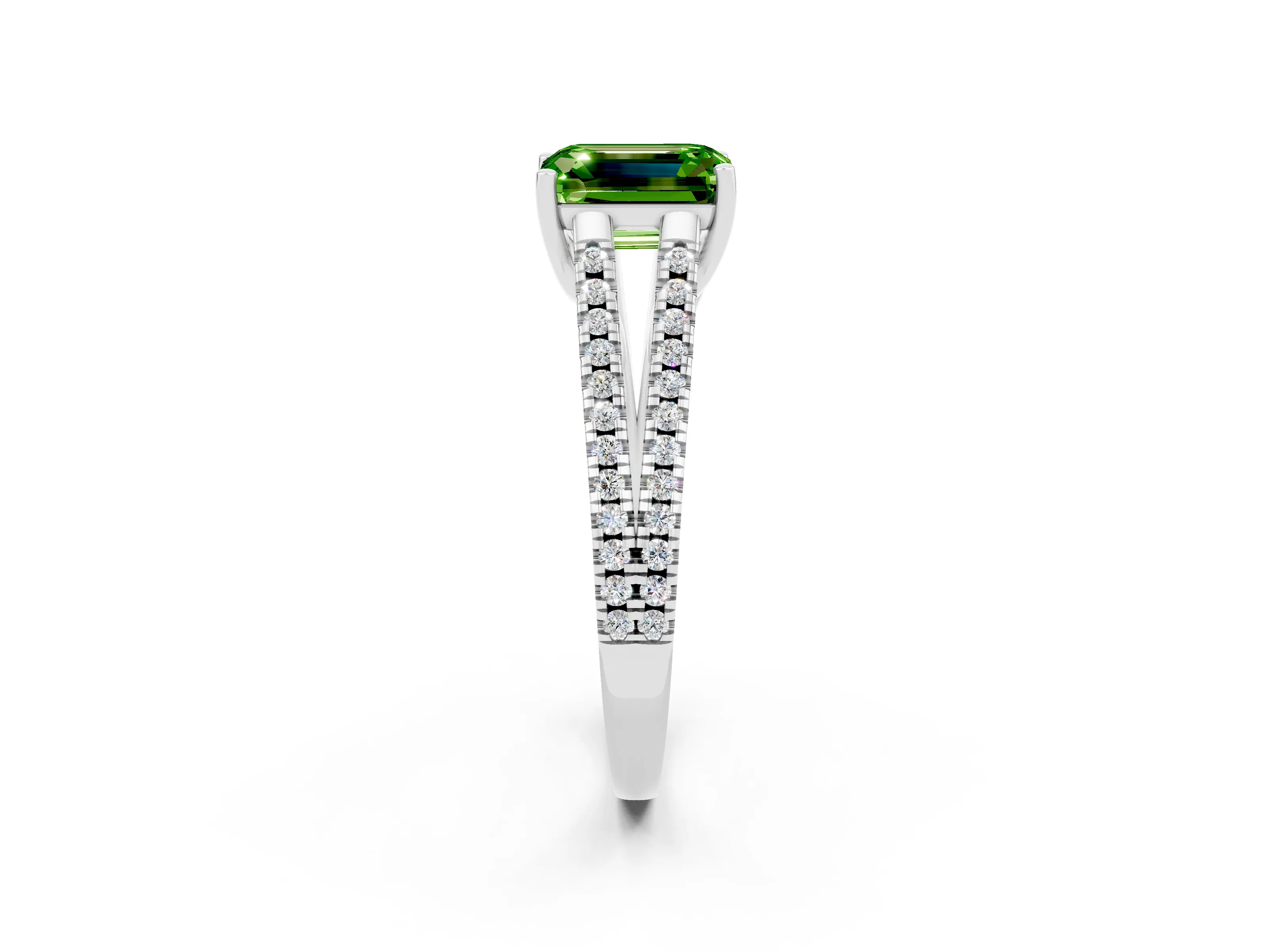 White gold Emerald Cut Peridot Solitaire Engagement Ring with Split Shank Pavé Band_2