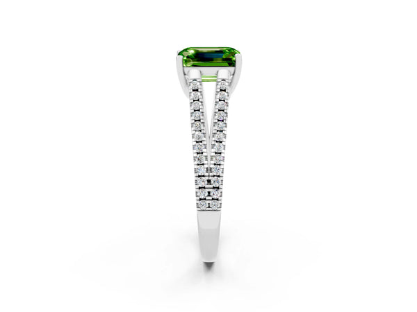 White gold Emerald Cut Peridot Solitaire Engagement Ring with Split Shank Pavé Band