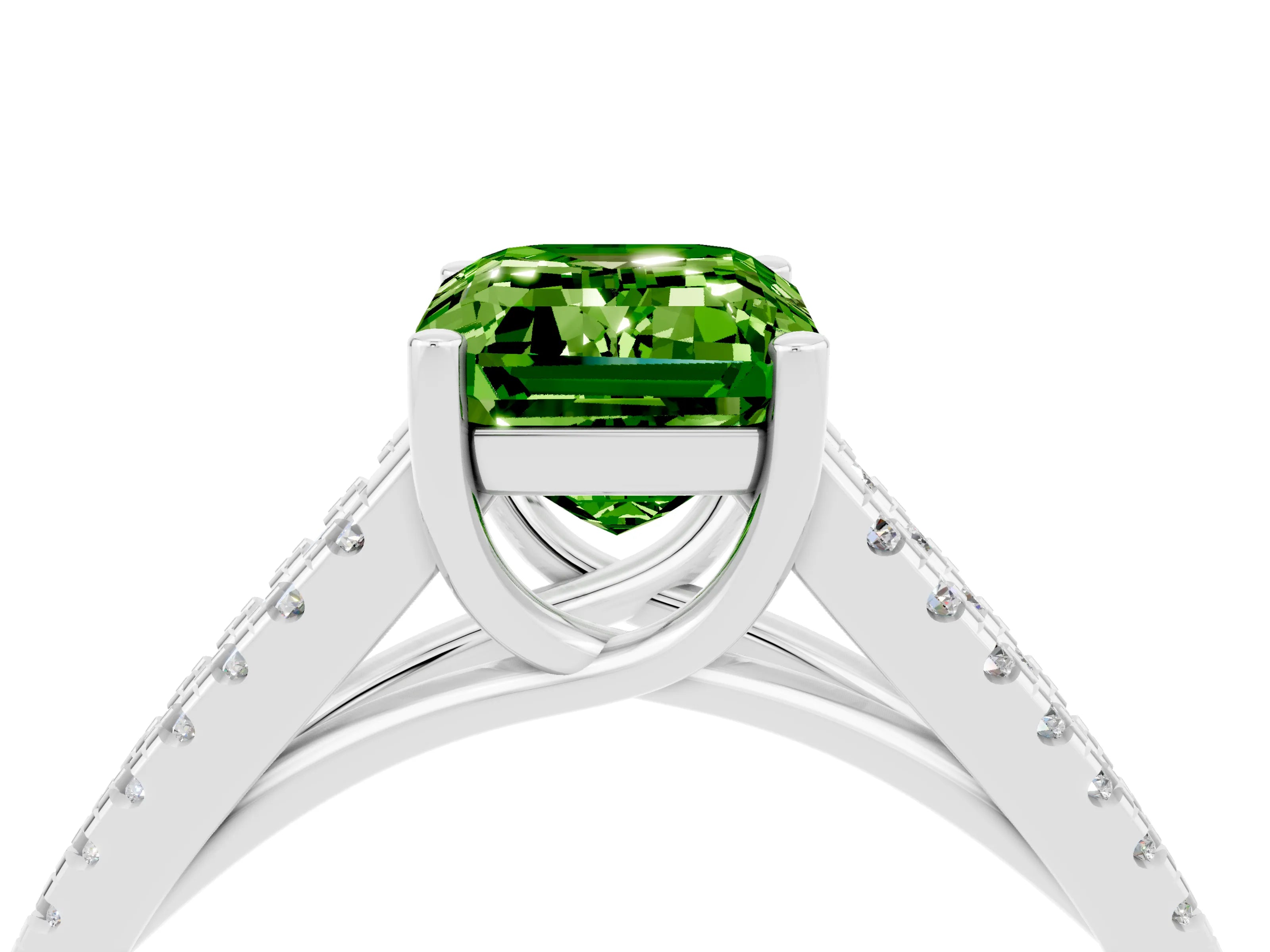 White gold Emerald Cut Peridot Solitaire Engagement Ring with Split Shank Pavé Band_4