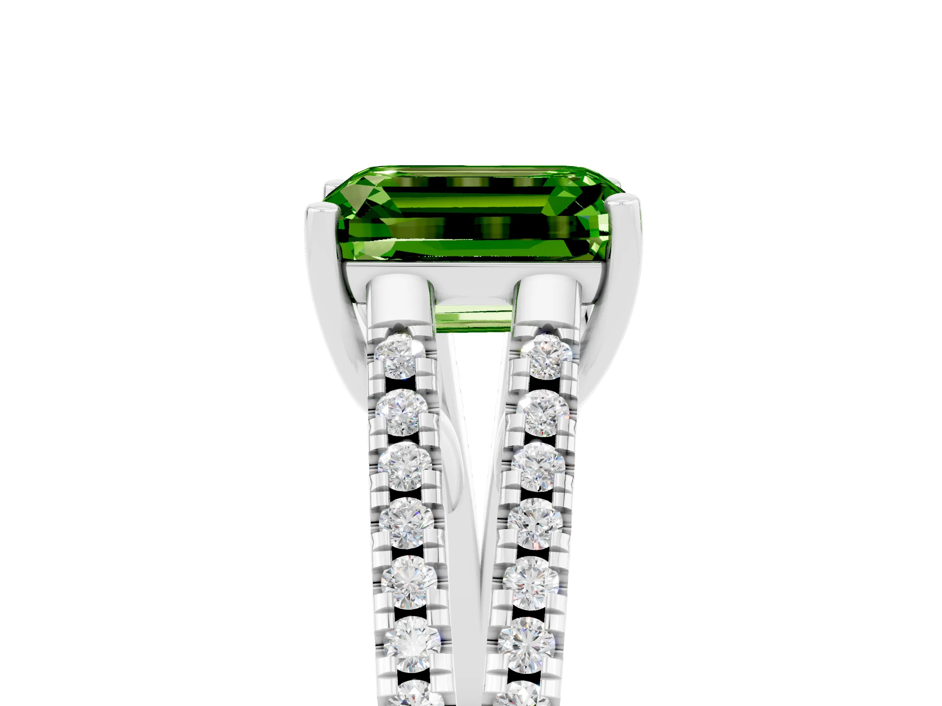 White gold Emerald Cut Peridot Solitaire Engagement Ring with Split Shank Pavé Band_5